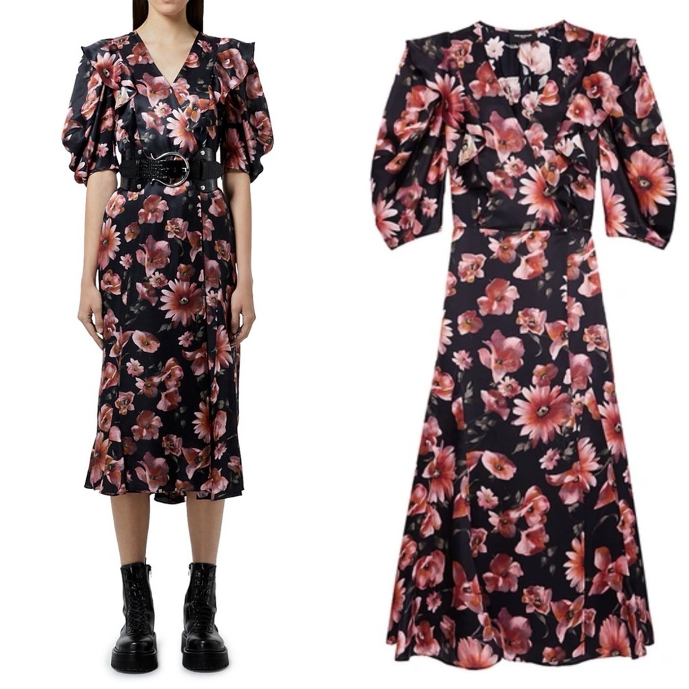 The Kooples Black Floral Midi Dress with Pink & Coral Blooms